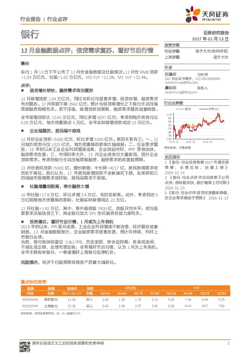 天风证券：银行12月金融数据点评：信贷需求复苏，看好节后行情