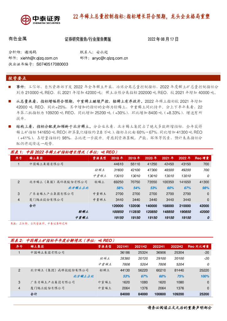 中泰证券：有色金属：22年稀土总量控制指标：指标增长符合预期，龙头企业格局重塑