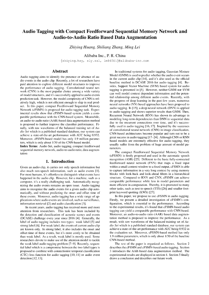 Audio Tagging with Compact Feedforward Sequential Memory Network and Audio-to-Audio Ratio Based Data Augmentation