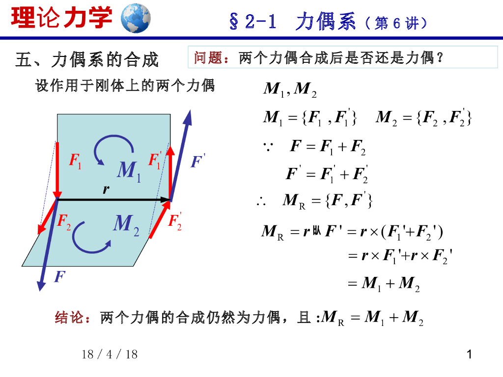 《理论力学》演示文稿-力偶合成与空间力系简化