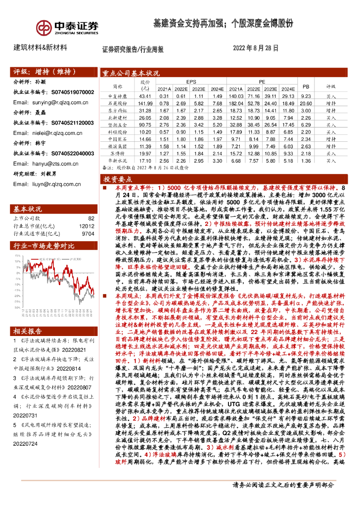 中泰证券：建筑材料&新材料行业周报：基建资金支持再加强；个股深度金博股份
