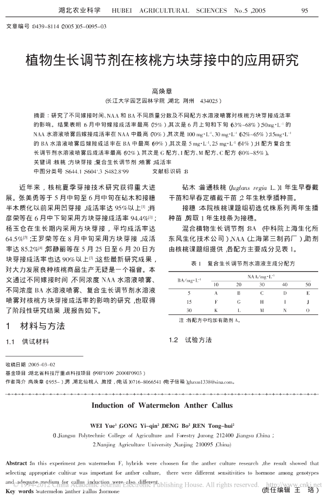 植物生长调节剂在核桃方块芽接中的应用研究