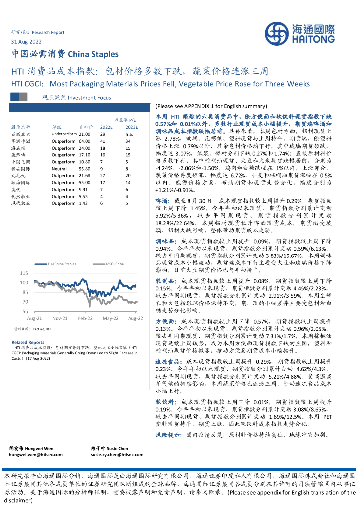海通国际：HTI消费品成本指数：包材价格多数下跌，蔬菜价格连涨三周
