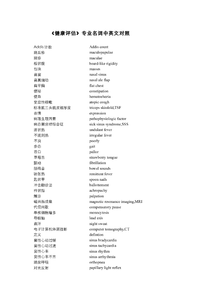 《健康评估》专业名词中英文对照