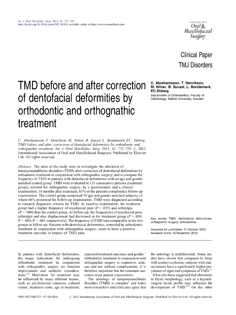 TMD before and after correction of dentofacial deformities by orthodontic and orthognathic t