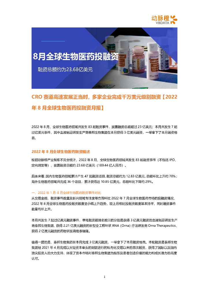 动脉橙：2022年8月全球生物医药投融资月报