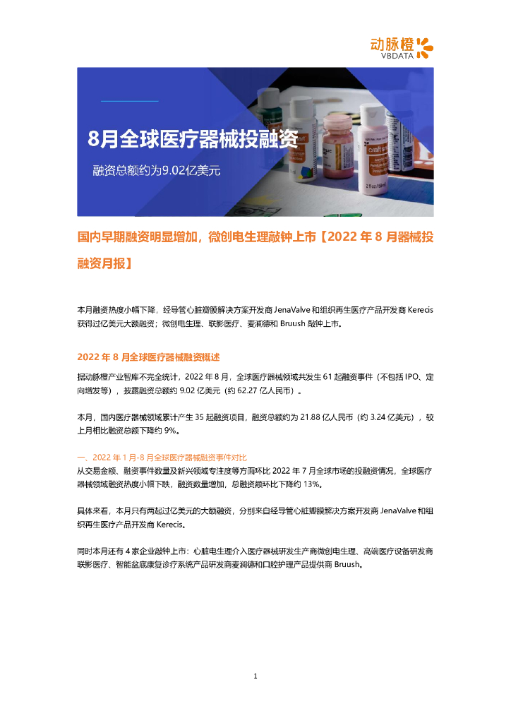 动脉橙：2022年8月全球器械投融资月报