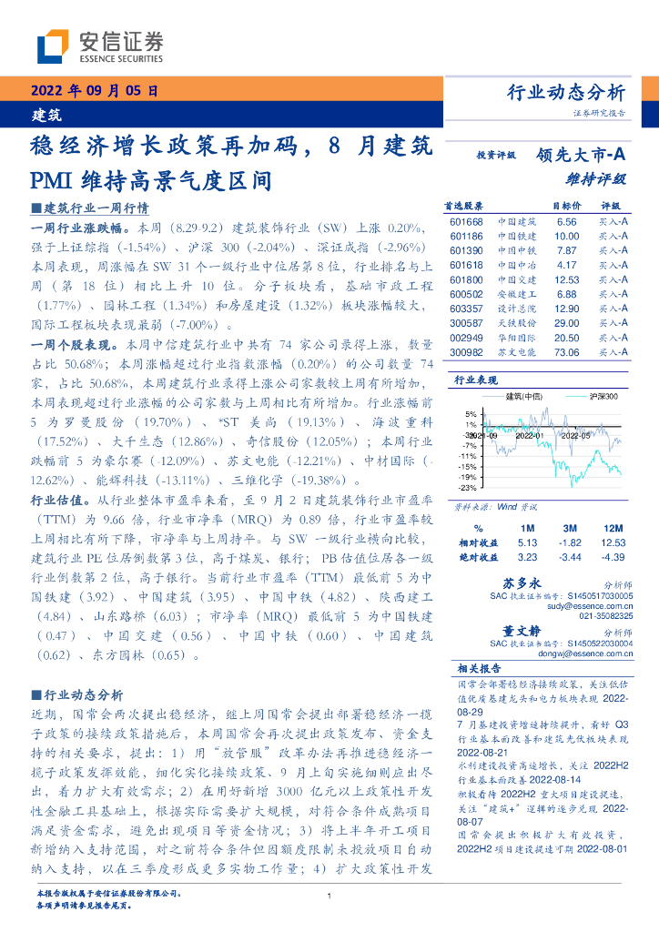 安信证券：建筑：稳经济增长政策再加码，8月建筑PMI维持高景气度区间