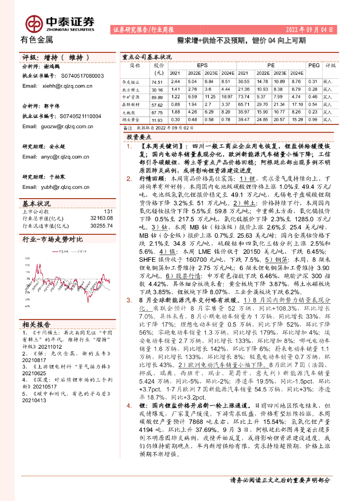 中泰证券：有色金属行业周报：需求增+供给不及预期，锂价Q4向上可期