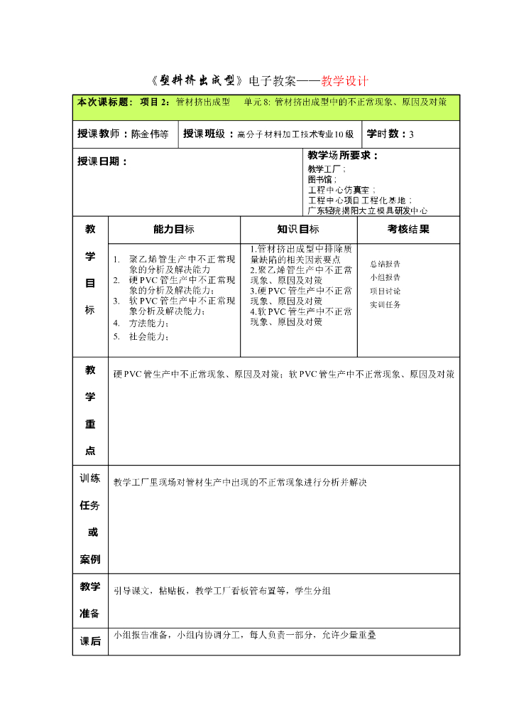 《塑料挤出成型》电子教案-项目2管材挤出成型 单元8：管材挤出成型中的不正常现象、原因及对策