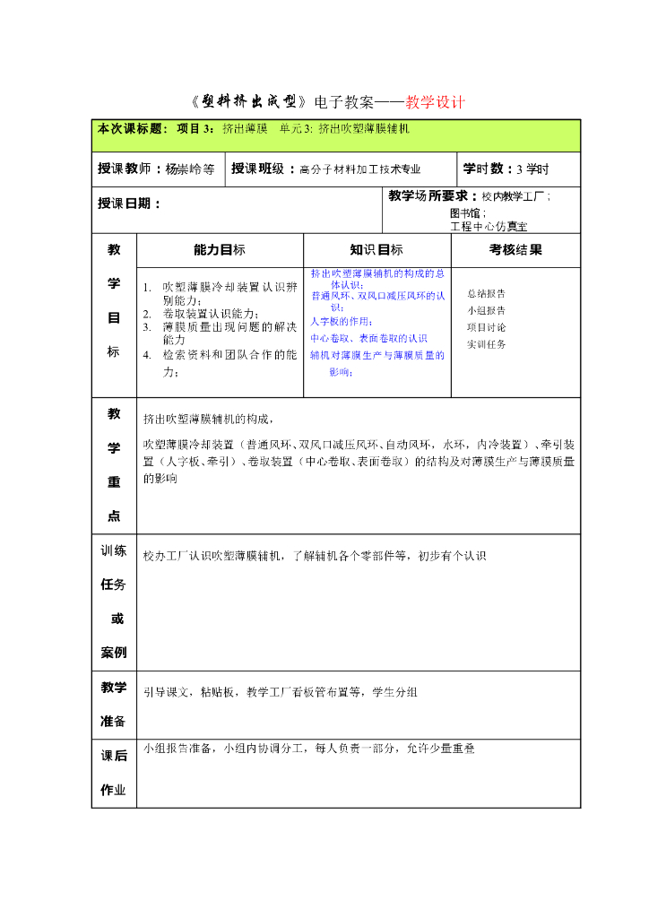 《塑料挤出成型》电子教案-项目3 单元3 挤出吹塑薄膜辅机