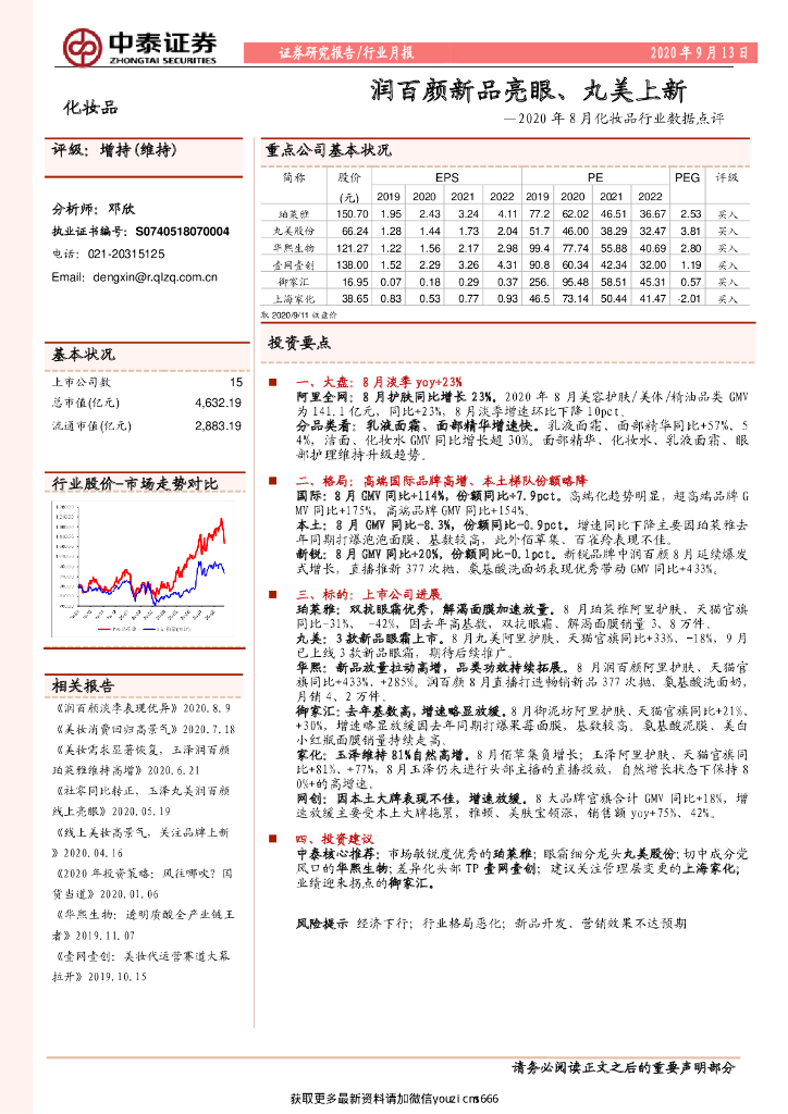 中泰证券：2020年8月化妆品行业数据点评：润百颜新品亮眼、丸美上新