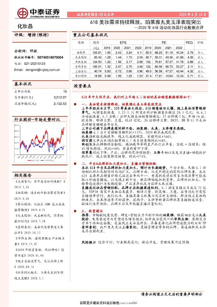 中泰证券：2020年618活动化妆品行业数据点评：618美妆需求持续释放，珀莱雅丸美玉泽表现突出