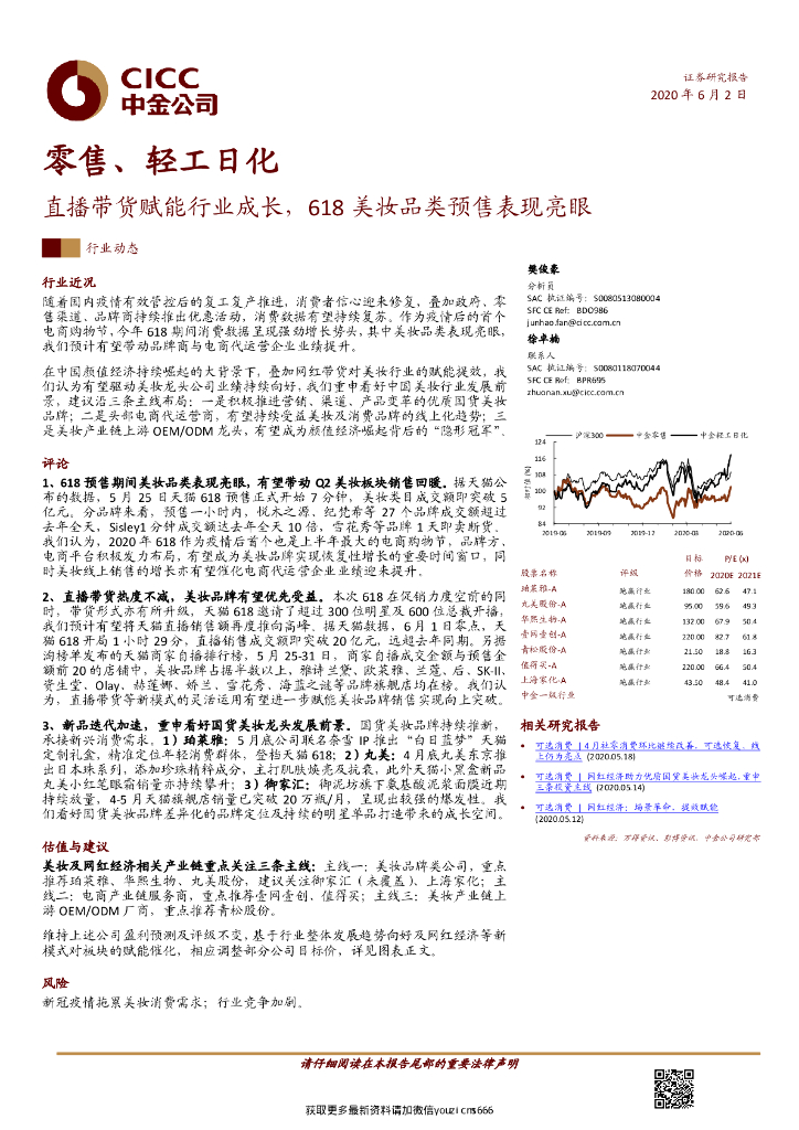 中金公司：零售、轻工日化行业动态：直播带货赋能行业成长，618美妆品类预售表现亮眼