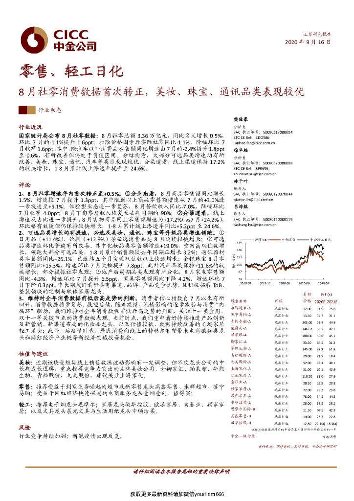 中金公司：零售、轻工_化-8月社零消费数据首次转正，美妆、珠宝、通讯品类表现较优