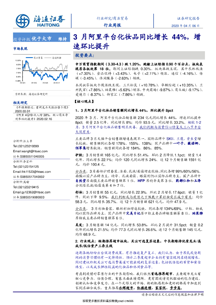 海通证券：商业贸易行业周报：3月阿里平台化妆品同比增长44%,增速环比提升