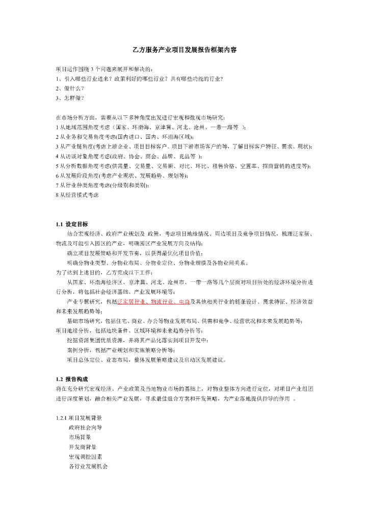 服务框架乙方服务产业项目发展报告框架内容（详细）