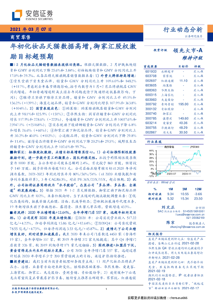 安信证券：商贸零售行业：年初化妆品天猫数据高增，御家汇鼓权激励目标超预期