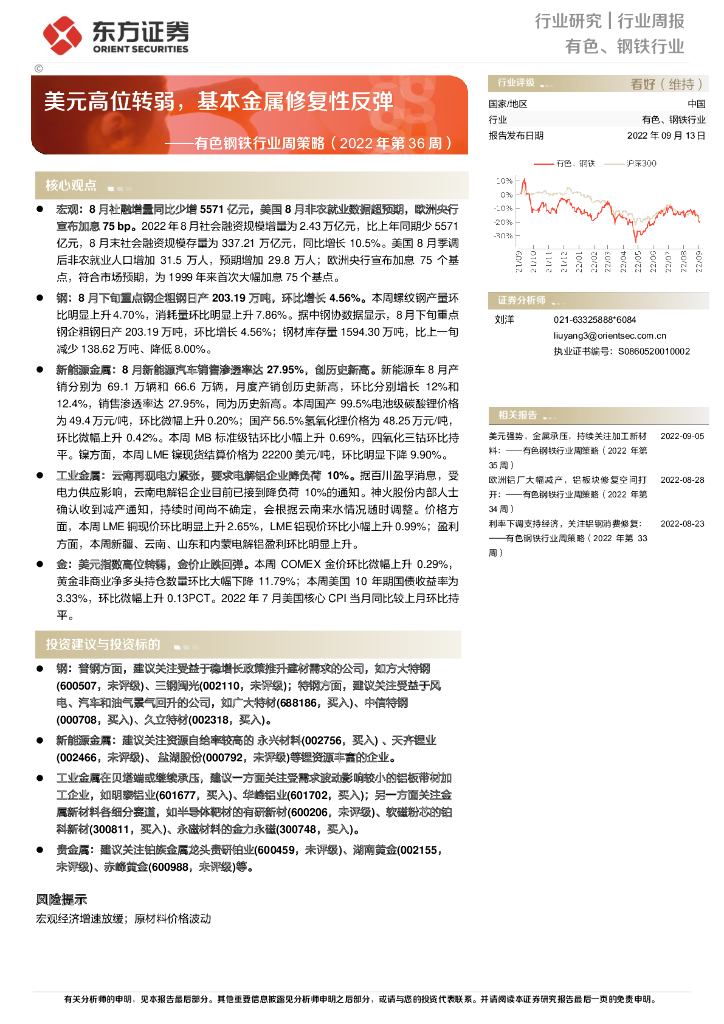 东方证券：有色钢铁行业周策略（2022年第36周）：美元高位转弱，基本金属修复性反弹