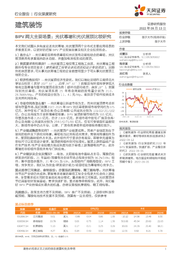 天风证券：建筑装饰行业深度研究：BIPV两大主要场景：光伏幕墙和光伏屋顶比较研究