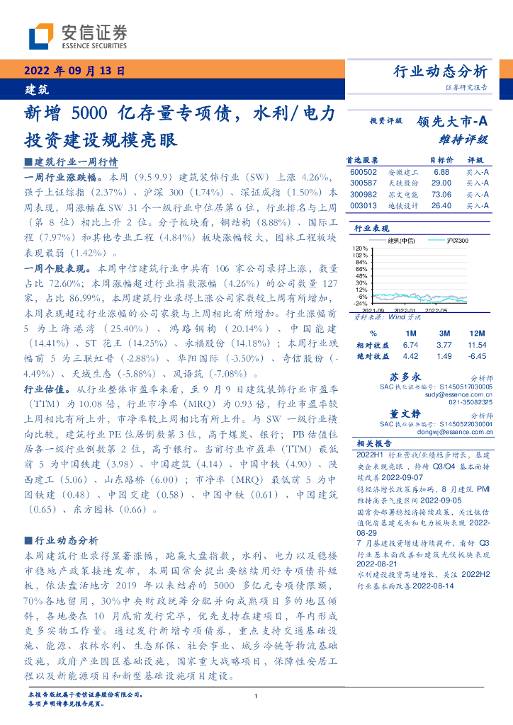 安信证券：建筑行业动态分析：新增5000亿存量专项债，水利/电力投资建设规模亮眼