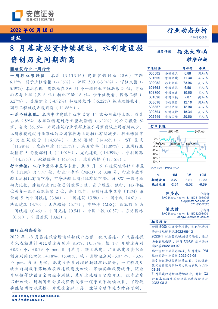 安信证券：建筑行业动态分析：8月基建投资持续提速，水利建设投资创历史同期新高 海报