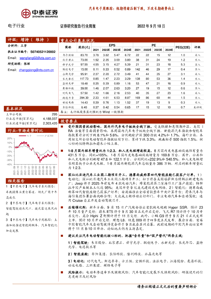 中泰证券：汽车电子周跟踪：短期情绪压制下跌，不改长期趋势向上