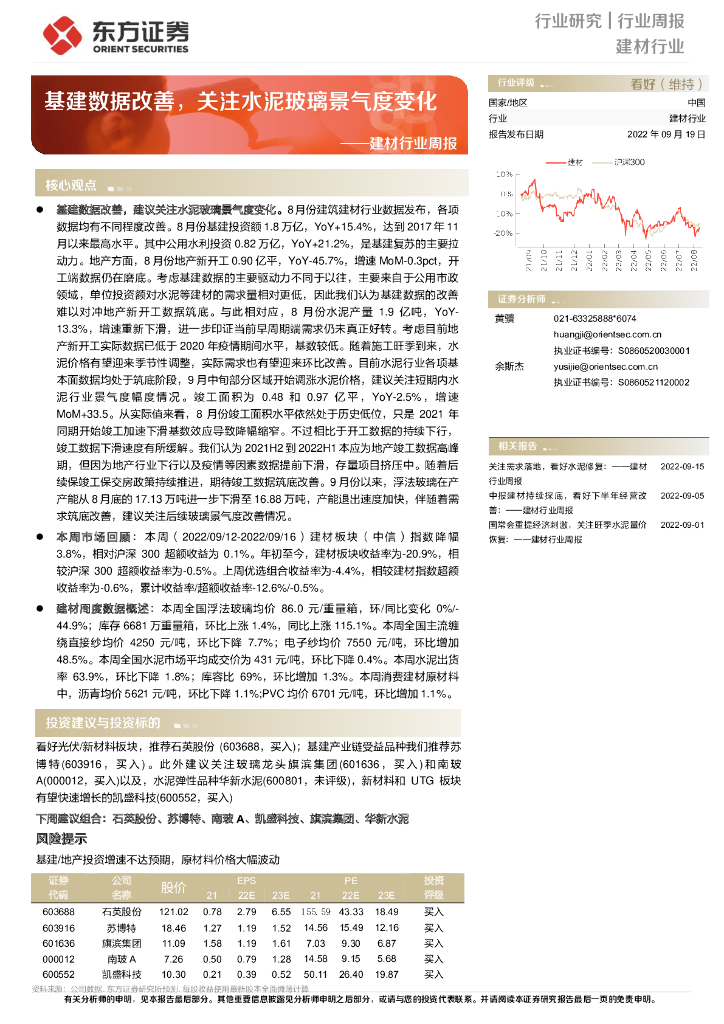 东方证券：建材行业周报：基建数据改善，关注水泥玻璃景气度变化