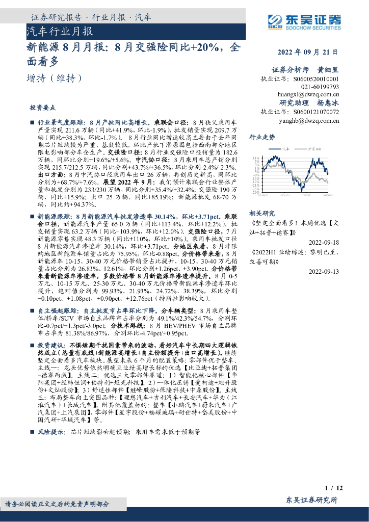 东吴证券:<em>汽车</em>行业月报:<em>新能源</em>8月月报:8月交强险同比+20%,全面看多 海报