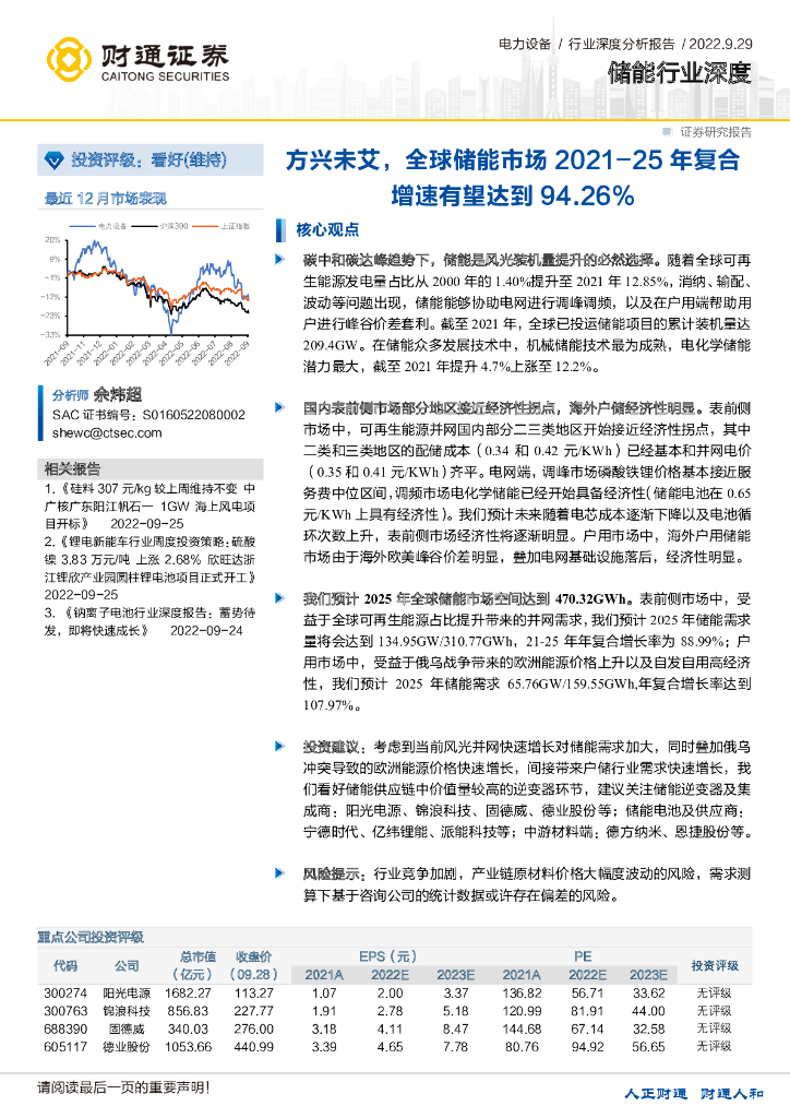 财通证券：储能行业深度：方兴未艾，全球储能市场2021-25年复合增速有望达到94.26% 海报