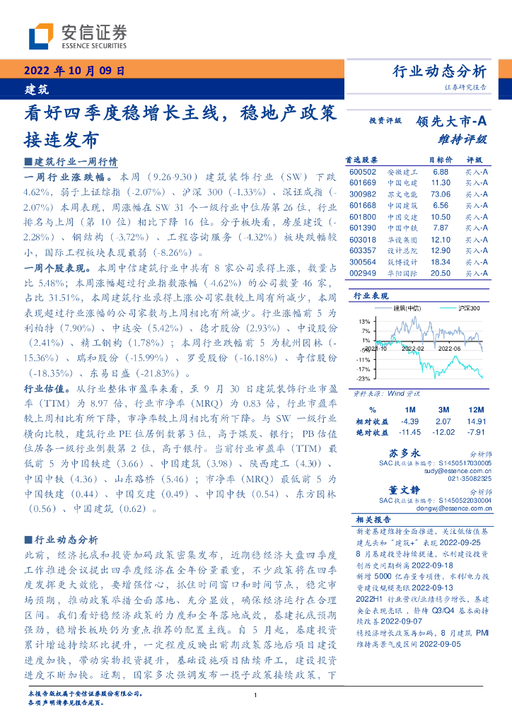 安信证券：建筑：看好四季度稳增长主线，稳地产政策接连发布