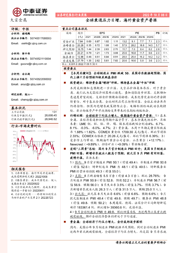 中泰证券：大宗金属行业周报：全球衰退压力日增，海外黄金资产普涨