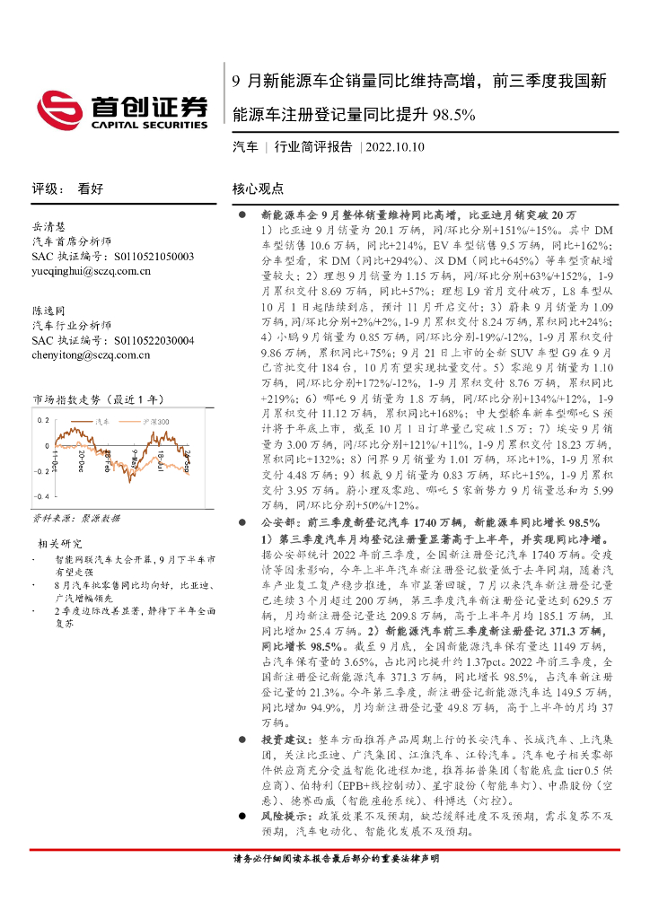 首创证券:<em>汽车</em>:9月<em>新能源</em>车企销量同比维持高增,前三季度我国<em>新能源</em>车注册登记量同比提升98.5% 海报