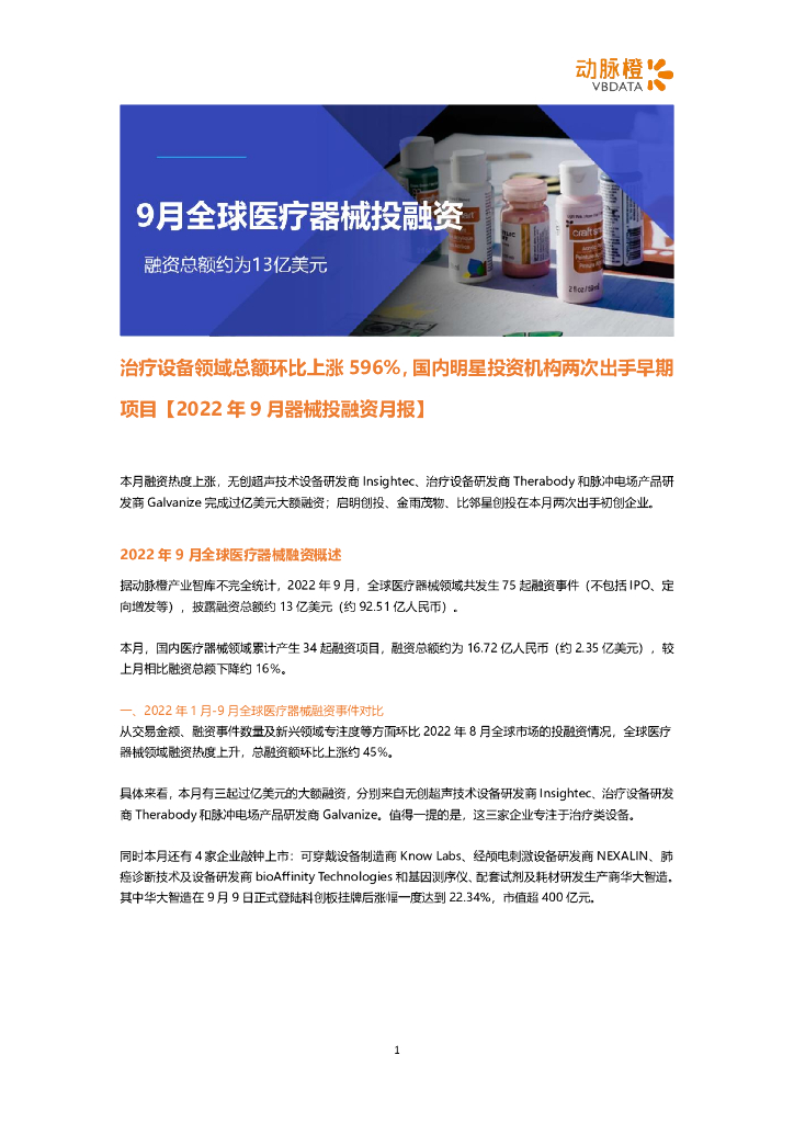 动脉橙：2022年9月器械投融资月报