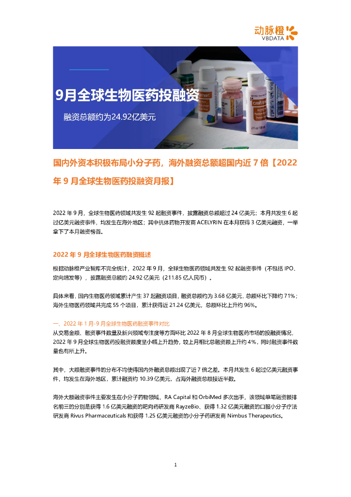动脉橙：2022年9月全球生物医药投融资月报