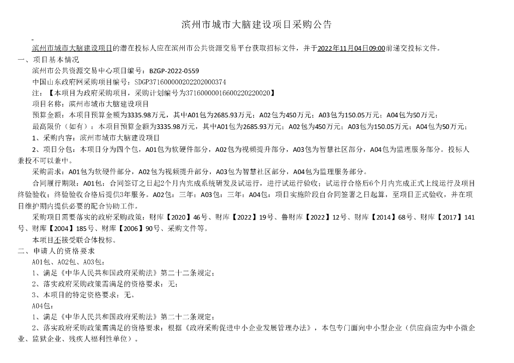 滨州市城市大脑建设项目采购公告01