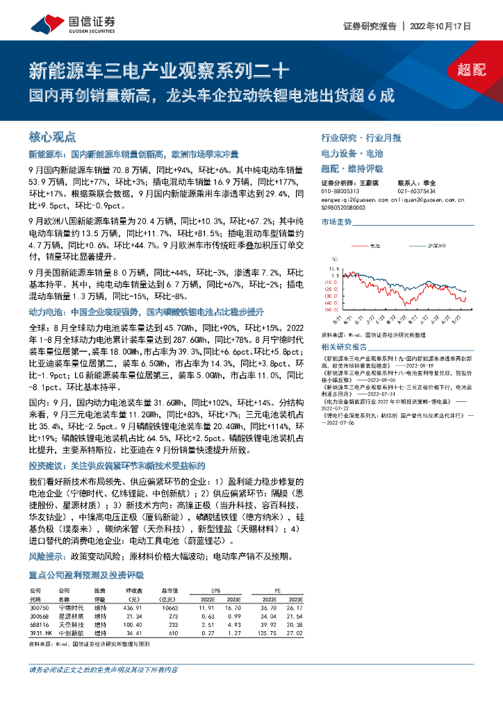 国信证券：新能源<em>车</em>三电产业观察系列二十：国内再创销量新高，龙头<em>车</em>企拉动铁锂电池出货超6成