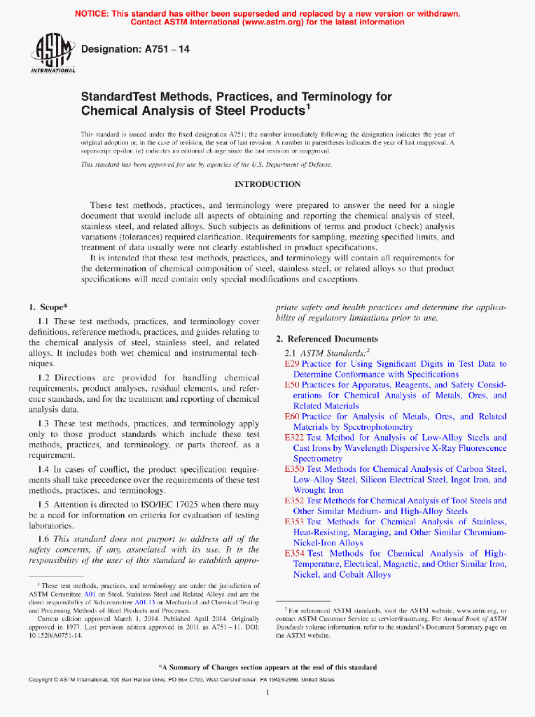 A751-14 StandardTest Methods,Practices,and Terminology forChemical Analysis of Steel Products