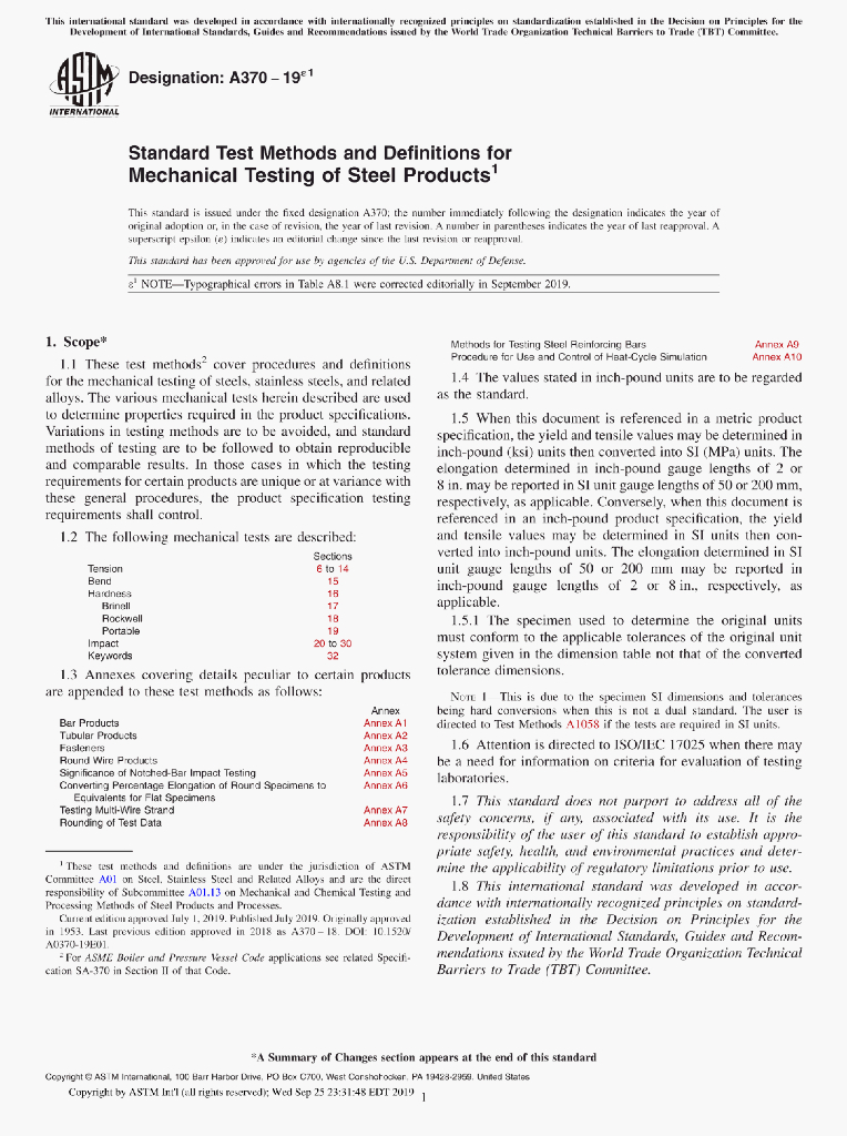 A370-19e1 Standard Test Methods and Definitions forMechanical Testing of Steel Products