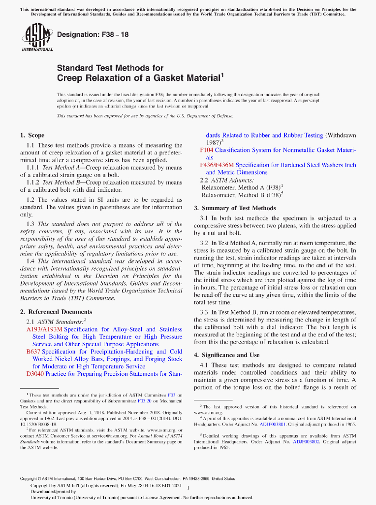 ASTM F38-18 Standard Test Methods for Creep Relaxation of a Gasket Material
