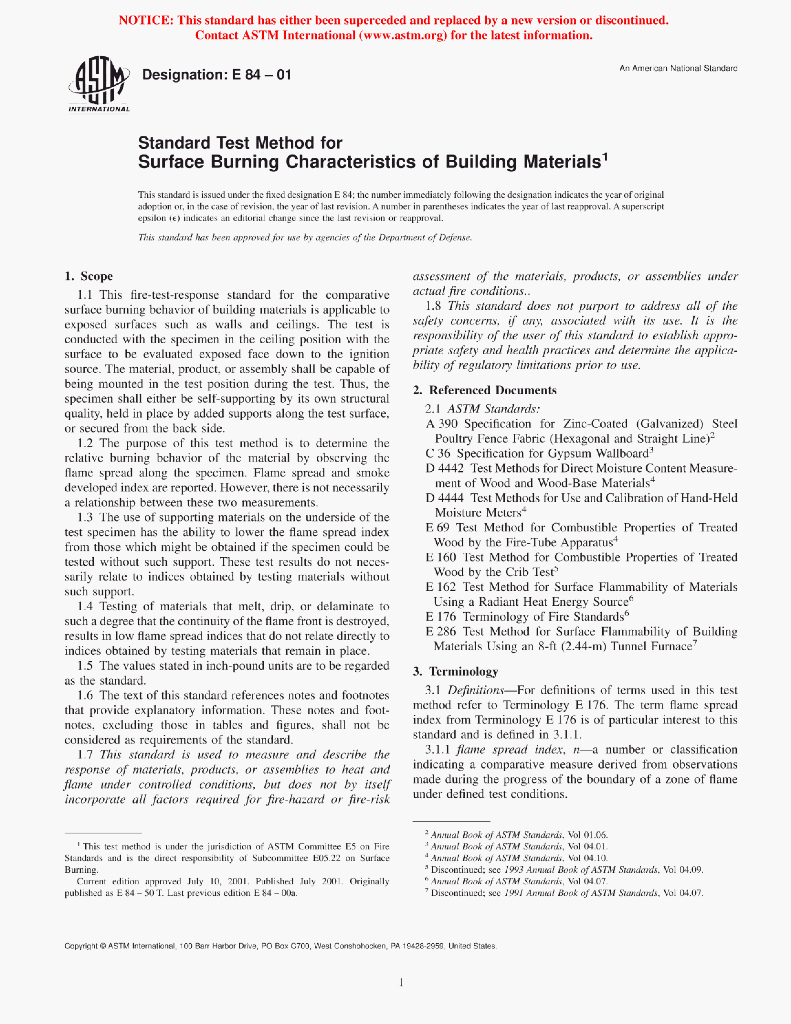 ASTM E84-01 Standard Test Method for Surface Burning Characteristics of Building Materials