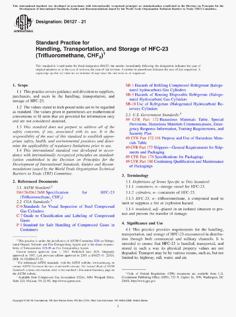 ASTM D6127-21 Standard Practice for Handling,Transportation,and Storage of HFC-23(Trifluoromethane,CHF3)