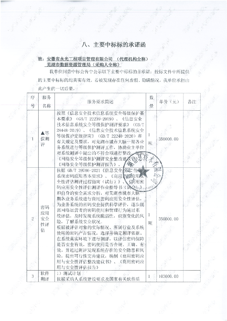 芜湖市城市大脑建设项目一期（四包）  主要成交标的承诺函