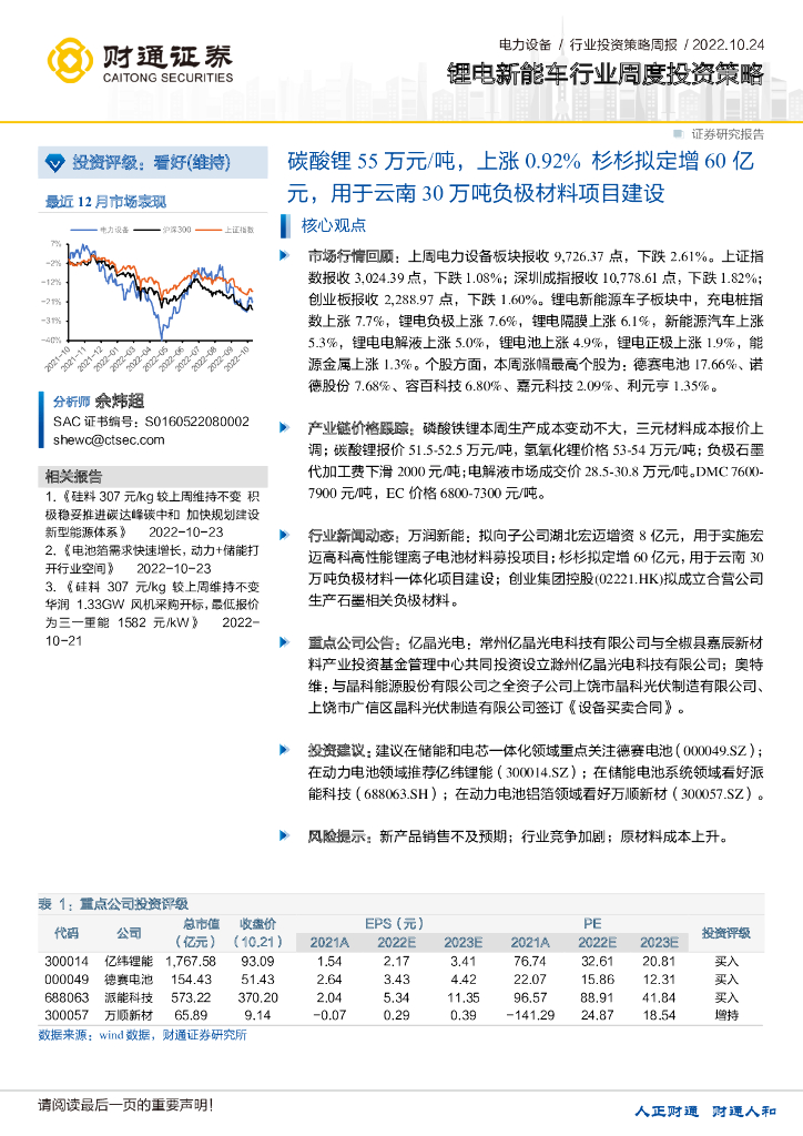 财通证券：锂电<em>新能车</em>行业周度投资策略：碳酸锂55万元/吨，上涨0.92%杉杉拟定增60亿元，用于云南30万吨负极材料项目建设