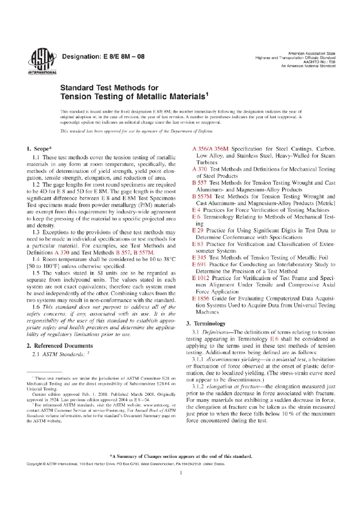 ASTM E8/E8M-08 Standard Test Methods for Tension Testing of Metallic Materials