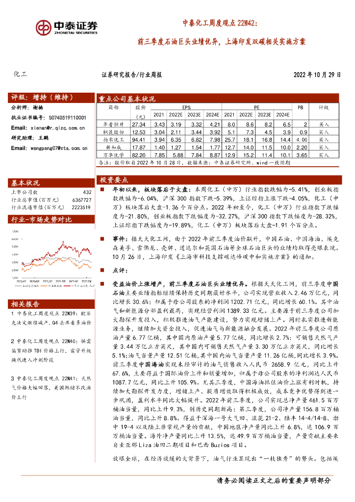 中泰证券：中泰化工周度观点22W42：前三季度石油巨头业绩优异，上海印发双<em>碳</em>相关实施方案 海报
