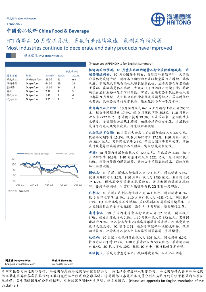 海通国际：中国食品饮料：HTI消费品10月需求月报：多数行业继续减速，乳制品有所改善
