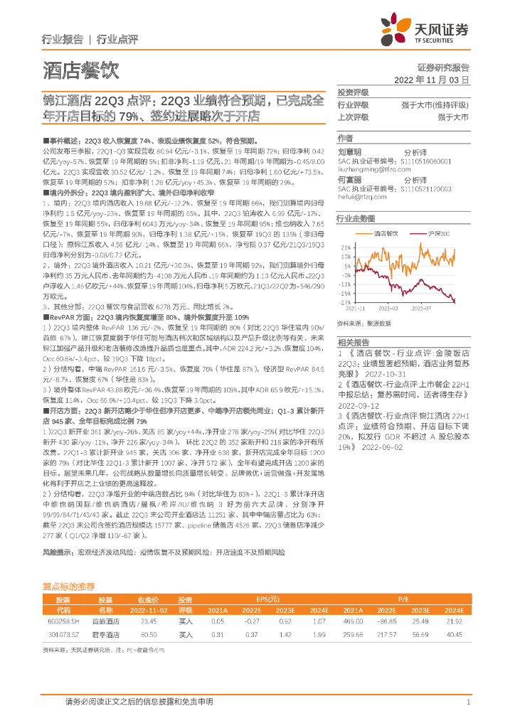 天风证券：锦江酒店22Q3点评：22Q3业绩符合预期，已完成全年开店目标的79%、签约进展略次于开店