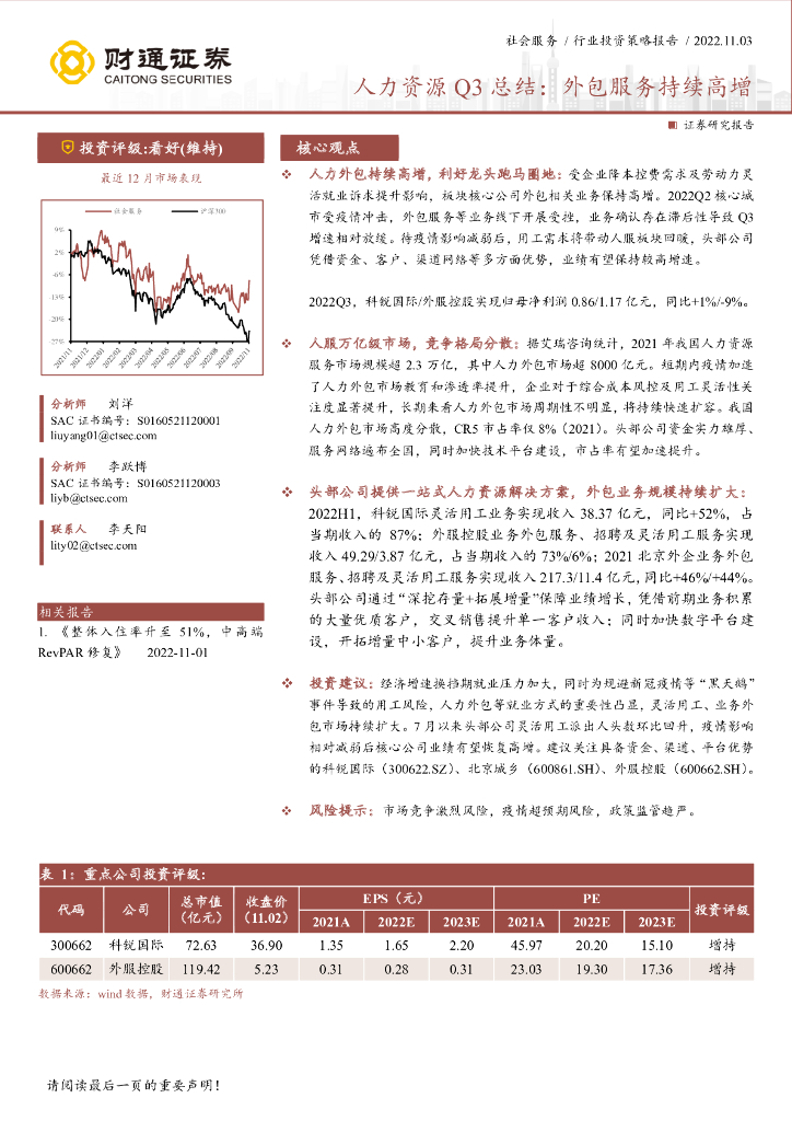 财通证券：社会服务行业投资策略报告：人力资源Q3总结：外包服务持续高增