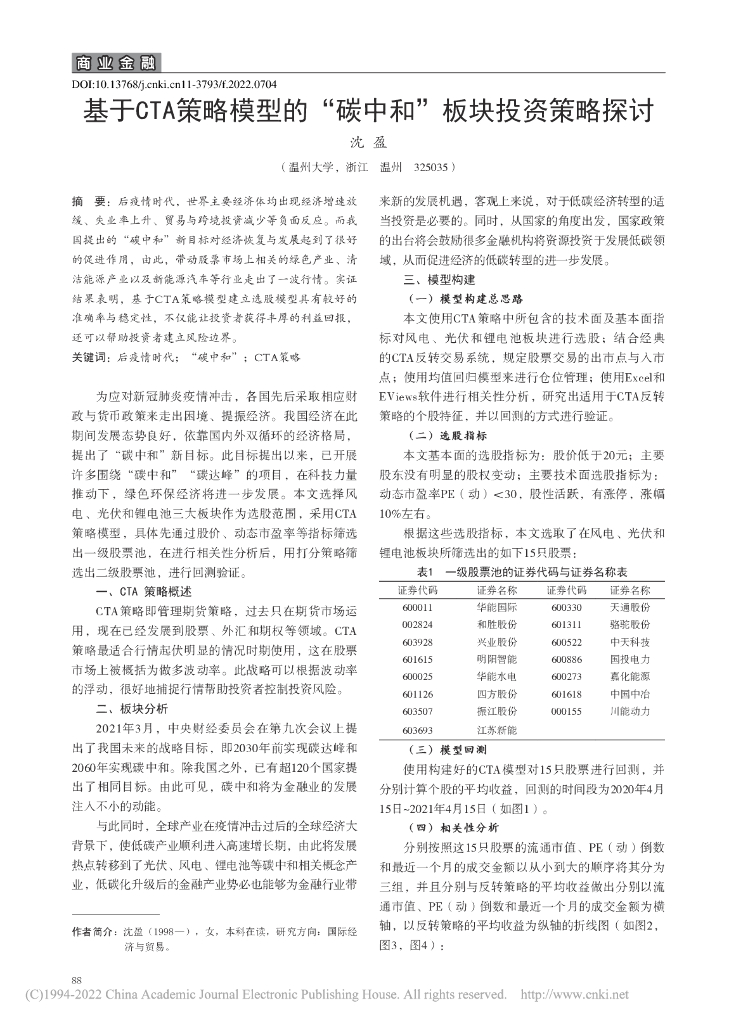 沈盈：基于CTA策略模型的“碳中和”板块投资策略探讨